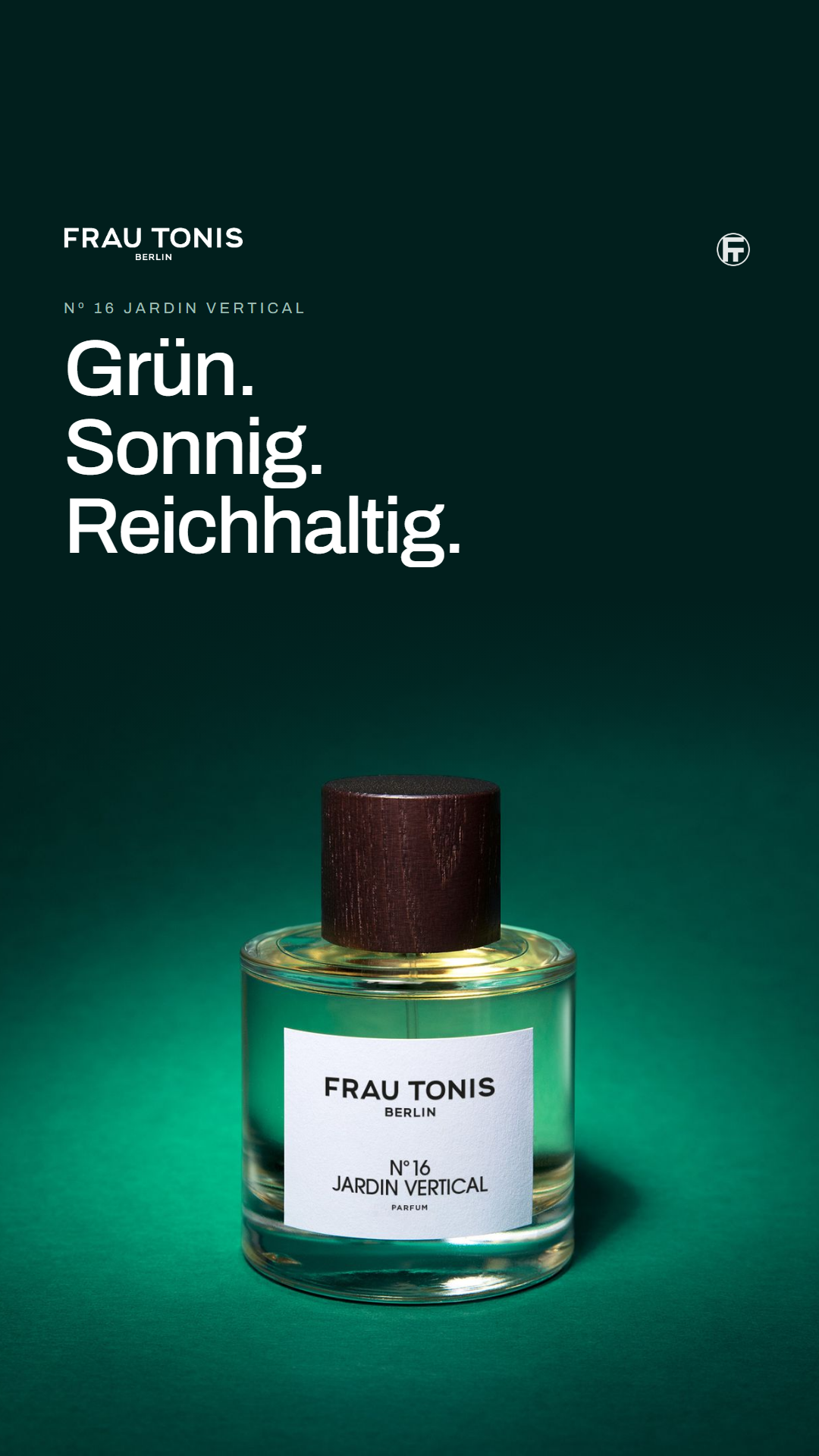 Grün, Sonnig, Reichhaltig über dem Flakon im Hochformat
